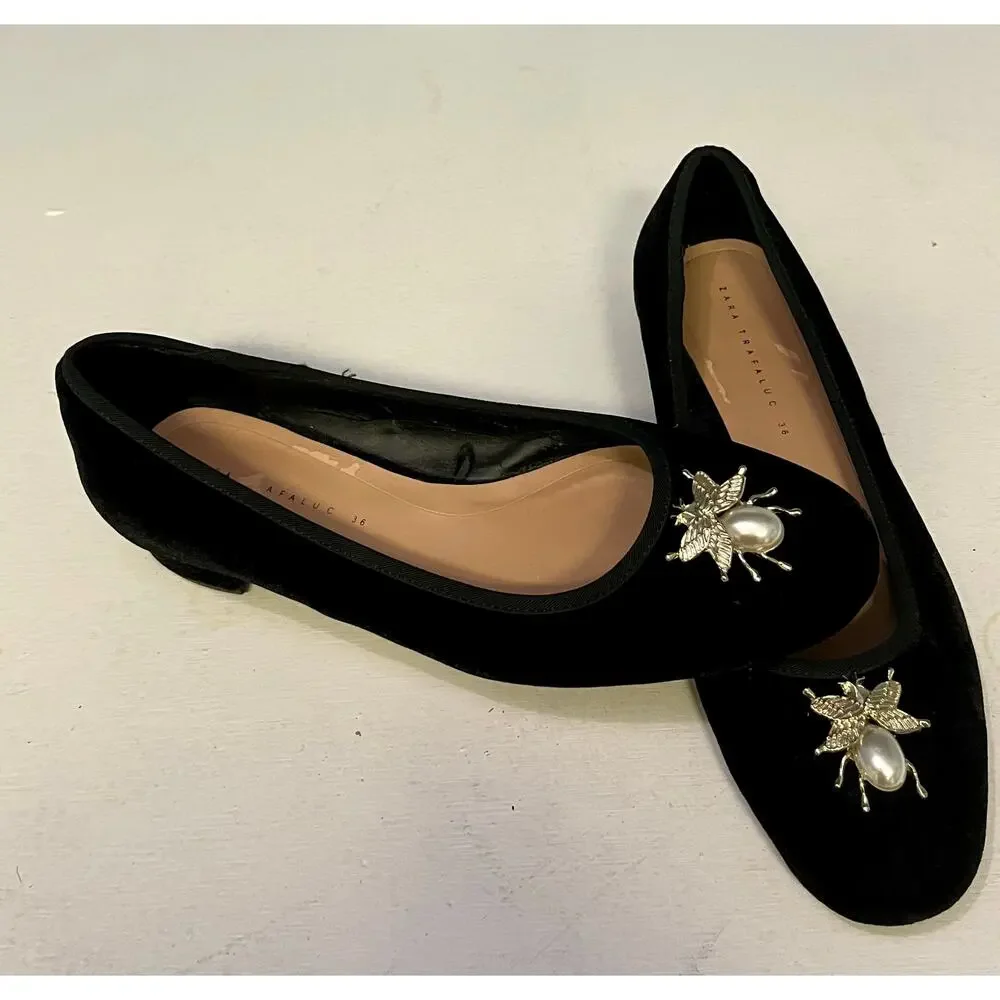 Zara Women 36/6 Black Velvet Beetle Embellish Faux Pearl Ballet Flats Old Money